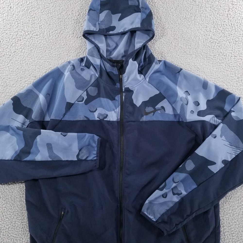Nike Jacket Mens XL Navy Blue Flex Full Zip Hooded Training Jacket Dri Fit Camo